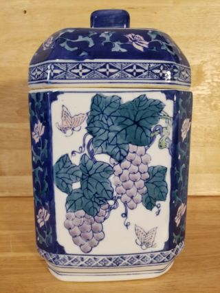 Vintage Signed Chinese Porcelain Tea Caddy Jar Blue & White With Grapes And.
