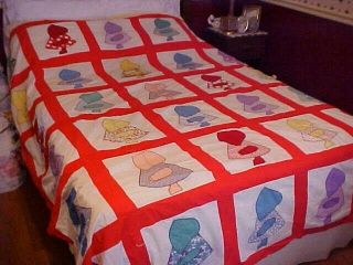 Vintage Hand Pieced Quilt Top,  Red With Multicolored Sunbonnet Girls Design