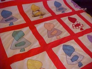 VINTAGE HAND PIECED QUILT TOP,  RED with MULTICOLORED SUNBONNET GIRLS DESIGN 2