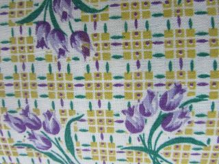 Vtg feed flour sack yellow grid w/purple tulips.  Green,  purple dots full,  opened 2