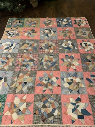 Never Washed Vintage Antique Old Farmhouse Hand Sewn Variable Star Quilt