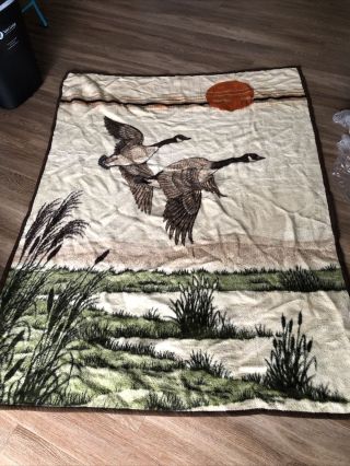 Vintage Biederlack Lodge Geese Reversible Blanket 58” X 76” West Germany