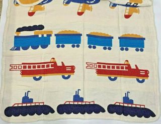 1987 Vintage Crown Crafts Throw Blanket Ship Plane Train Firetruck Cotton 50x60 "