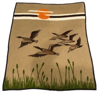 Vtg Acryl Velours Biederlack Duck Hunting Flying Throw Blanket 72x60 Made Usa