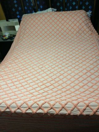 Vintage Chenille Bedspread Peach / Orange Grid & Stripes Full Size Appx 8 