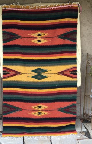 Vintage Mexican Wool Blanket Southwest Pattern Sarape Colorful Large 82x44