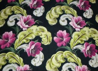 Vtg Cotton Barkcloth Fabric Black Pink Green Lush Flowers Feathers 47 " X 3.  5yds