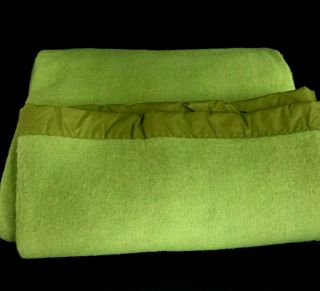Vintage 70s Avocado Green Blanket 72 " X 88 " Acrylic Nylon Satin Trim Edge