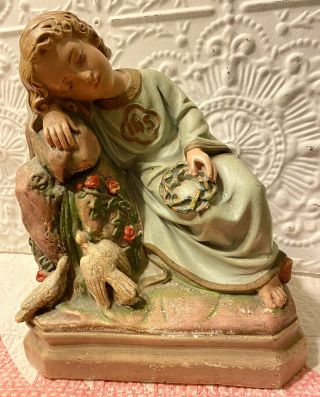 Young Jesus Vintage Chalkware Statue Crown Of Thorns Doves Roses 9” X 6” X 11.  5”