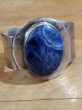 Vintage Sterling Silver Wide Cuff Bracelet W/ Large Blue Stone Signed