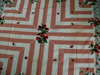 Cute Vintage Strawberry & Blossoms Print Cotton Tablecloth - Cutter? 44 x 50 2