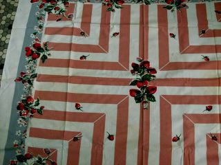 Cute Vintage Strawberry & Blossoms Print Cotton Tablecloth - Cutter? 44 x 50 3