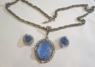 Whiting And Davis Vintage Blue Glass Intaglio Necklace & Earrings Parure