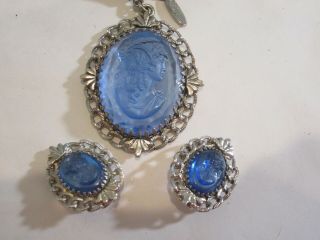 WHITING AND DAVIS VINTAGE BLUE GLASS INTAGLIO NECKLACE & EARRINGS PARURE 2