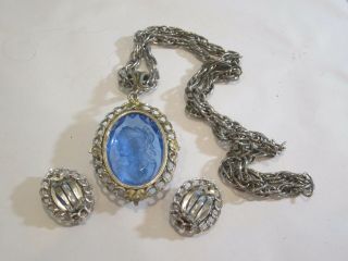 WHITING AND DAVIS VINTAGE BLUE GLASS INTAGLIO NECKLACE & EARRINGS PARURE 3