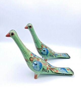 Set Of 2 Hand Painted Tonala Mexican Pottery Figurine Folk Art Bird 7  X11 "
