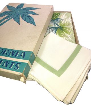 Palms In California Hand Print Tablecloth (54”) 4 Napkins Open Box Set Vtg