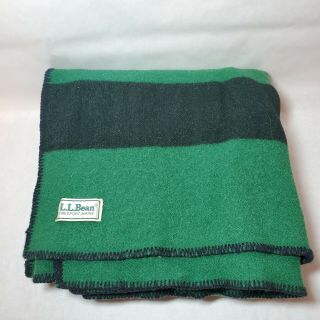 Ll Bean Vintage Usa Wool Blanket Green W/ Black Stripe - 54 " X86 " - Camp Throw