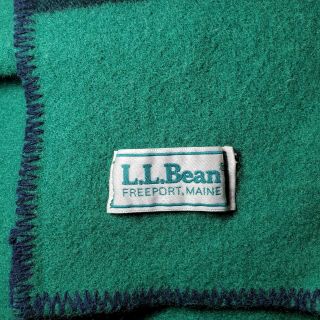 LL Bean Vintage USA Wool Blanket Green W/ Black Stripe - 54 