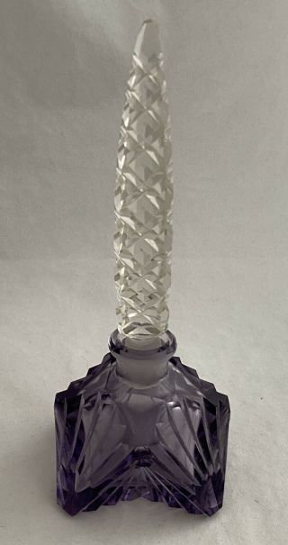 Vintage Bohemian Czech Art Deco Purple Crystal Cut Glass Perfume Bottle