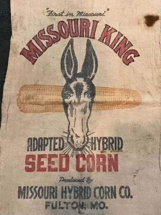 Vintage Missouri King Seeds Corn Bag Heavy Cotton Fabric Missouri Hybrid Company