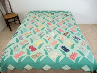 Needs Tlc Vintage Old Feed Sack Applique Quilt In Rare Tulips Pattern; 86 " X 77 "
