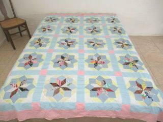 Vintage Hand Pieced Star Quilt Top W/ Tumbling Blocks Effect; 85 " X 70 " ; Good