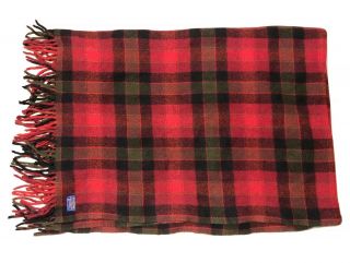 1960s Pendleton Virgin Wool Throw Camp Blanket Red Plaid Fringed USA VTG 50”x74 3