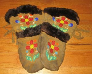 Vintage Early Native American Plains Crow Indian Beaded Leather Mittens Gloves 2