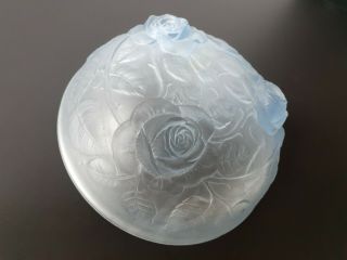 Lalique Style Blue Frosted Art Deco Vintage Pressed Glass Bowl Rose Intaglio