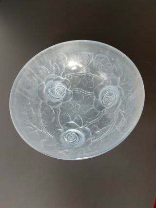 Lalique style blue frosted art deco vintage pressed glass bowl rose intaglio 2