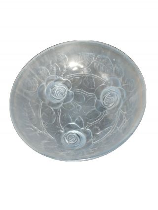 Lalique style blue frosted art deco vintage pressed glass bowl rose intaglio 3