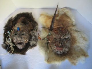 Pair Native American Indian Masks Wall Hanging W/ Ceramic,  Fur,  Leather,  Beads