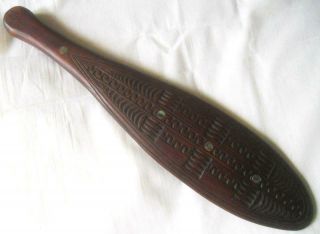 Vintage Nz Tribal Maori Carved Wood Ornamental Paddle Paua Inlay