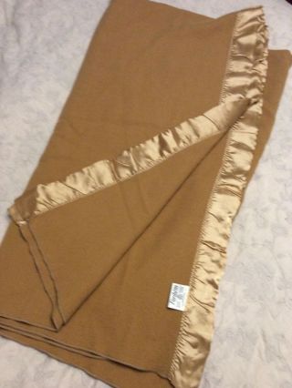 Faribo Usa 100 Pure Wool Light Brown Satin Trim 76 " X82 " Vtg Blanket/throw