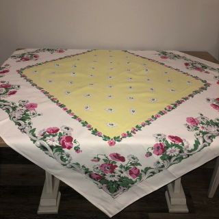 Vintage Mid Century Linen Tablecloth Pink Floral Border Print On White 48 " X 54 "