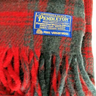 Vintage Pendleton Plaid Wool Blanket W/ Fringe Red & Black 52”x 78” Euc
