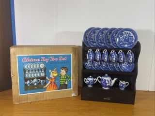 Vintage Antique Blue Willow China Doll Child Dishes Set With Cabinet Japan