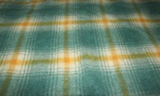 Vintage Faribo Wool Blanket Teal & Yellow Plaid Satin Trim 53 X 72