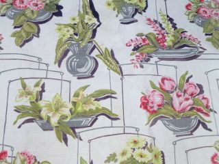 Pr Vtg Cotton Barkcloth Fabric Panels Cutters White W/ Flowers 64x76 63x74
