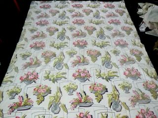 Pr Vtg Cotton Barkcloth Fabric Panels CUTTERS White w/ Flowers 64x76 63x74 2