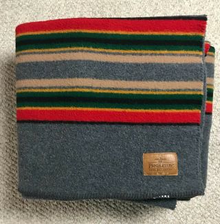 Pendleton Yakima Camp Wool Blanket Gray W/red Green Black Stripes 87.  5 X 85.  5