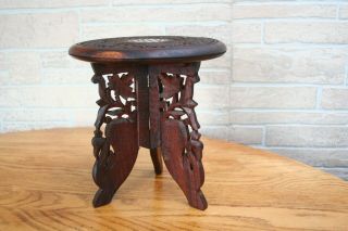 Vintage Hand Carved Small Wooden Table/plant Stand - Inlaid Taj Mahal India 9.  5 " T