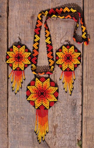 Huichol Indian Beaded Peyote Flower Necklace Earrings Handmade Mexican Folk Art