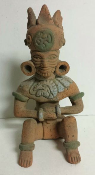 Pre - Columbian Mayan Aztec Crowned Pottery Statue Figure Clay -
