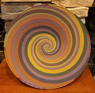 Large Zulu African Handmade Telephone Wire Basket Bowl Multi - Colored Swirl
