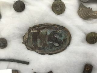Civil War Battle Field Relics.  US Buckel,  Brass Bottons.  Slugs,  Etc 12x16 2
