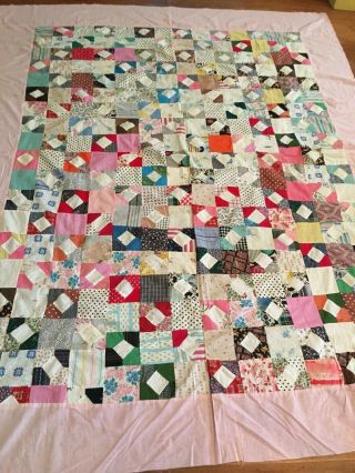 Vintage Feed Sack Quilt Top " Bow Tie " Hand - Pieced Great Fabrics Big A,