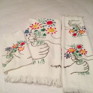 Vintage Pablo Picasso Bouquet of Flowers Pacific 3 Piece Towel Set EC 2