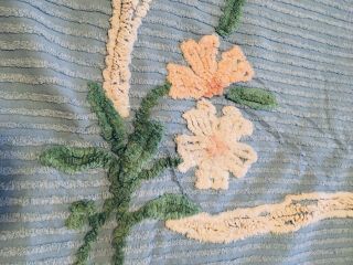 Vintage Cotton Chenille Bedspread Full Queen Size 96w X108 L Blue W Flowers